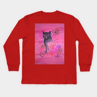 Black cat in the garden. Kids Long Sleeve T-Shirt